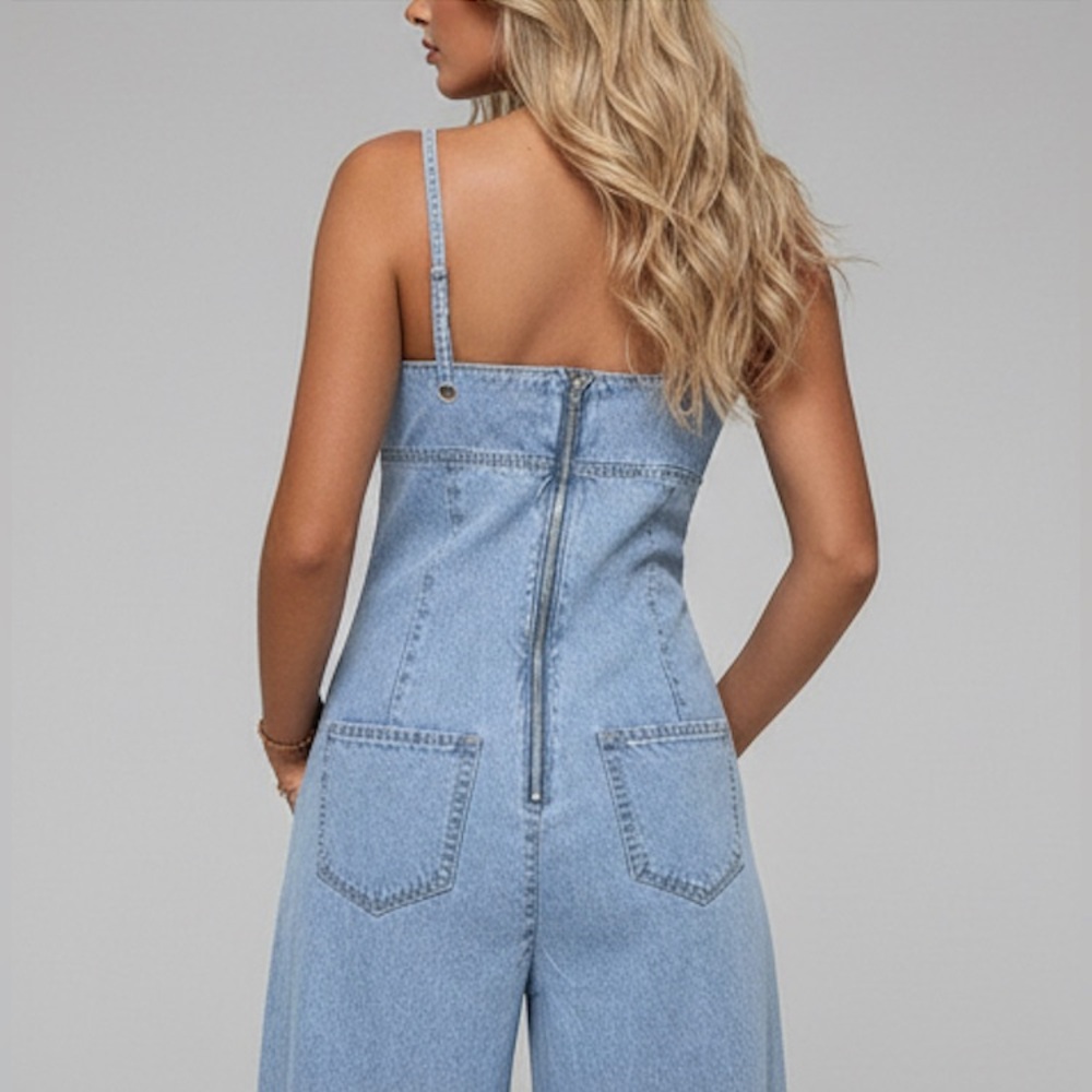 Light Wash Denim Jumpsuit Wide Leg Corset Bodice Sweetheart Neck - Picture 3 of 11